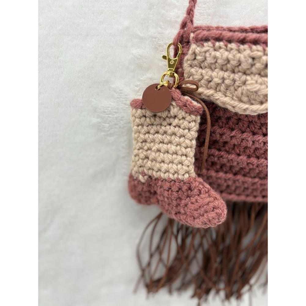 Handmade Crochet Pink Crossbody Purse with Fringe and Cowboy Boot - Picture 3 of 8